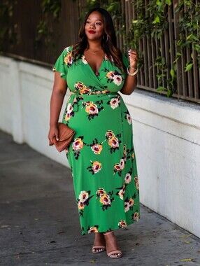 Lane Bryant Green Floral Wrap Maxi Dress